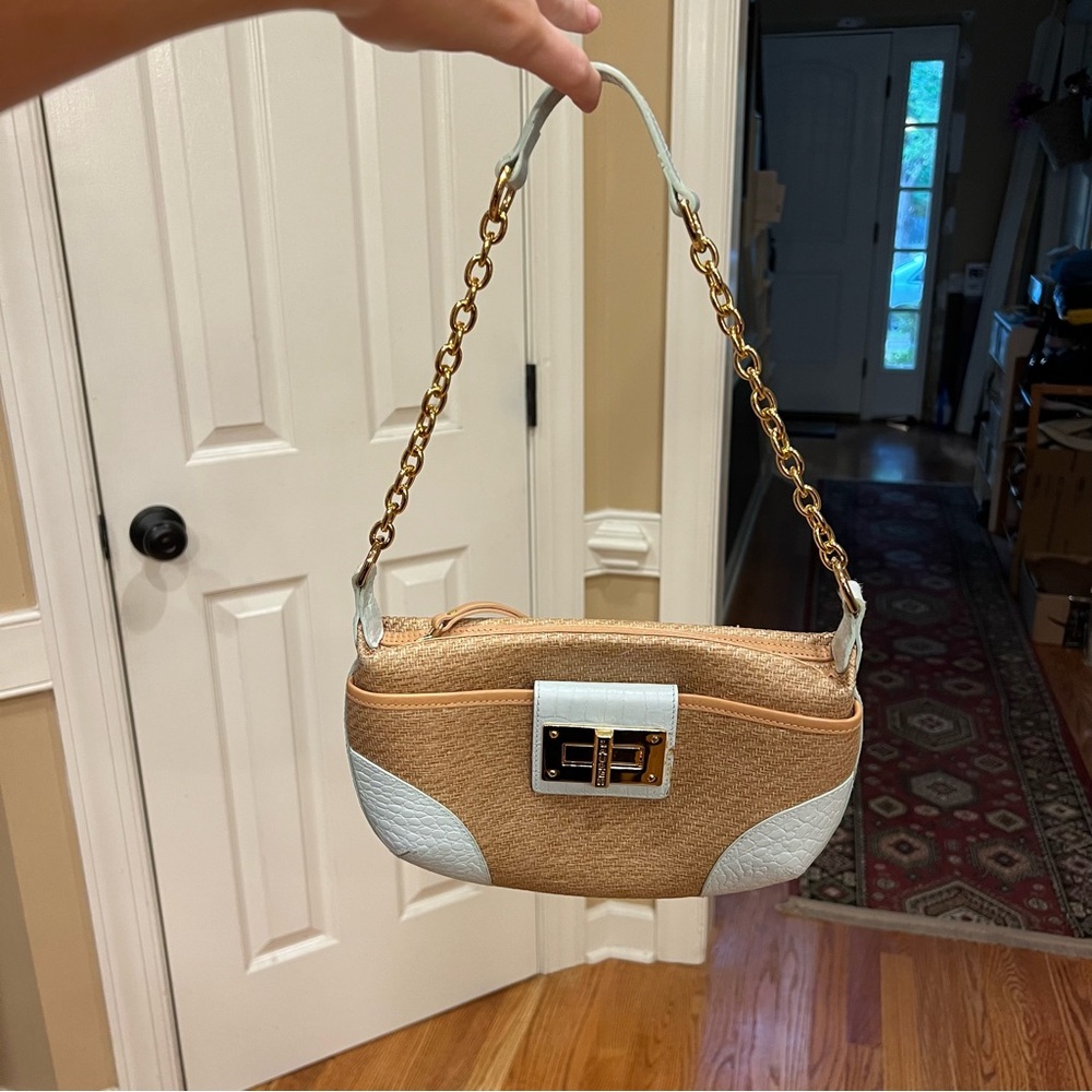 Vintage Y2K Lauren Ralph Lauren Shoulder Bag Basket Tan / Light Blue Gold Chain